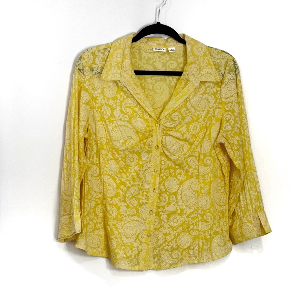 Cato Paisley Blouse Women’s Large Top Yellow Button Down 3/4 Sleeve Shirt